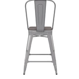 English Elm Commercial Grade Commercial Grade 24" High Silver Metal Indoor-Outdoor Counter Height Stool with Removable Back and All-Weather Poly Resin Seat