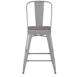 English Elm Commercial Grade Commercial Grade 24" High Silver Metal Indoor-Outdoor Counter Height Stool with Removable Back and All-Weather Poly Resin Seat