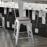 English Elm Commercial Grade Commercial Grade 24" High Metal Indoor-Outdoor Counter Height Stool with Removable Back and Gray All-Weather Poly Resin Seat