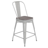 English Elm Commercial Grade Commercial Grade 24" High Metal Indoor-Outdoor Counter Height Stool with Removable Back and Gray All-Weather Poly Resin Seat