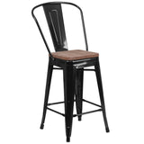 English Elm Commercial Grade 24" High Metal Counter Height Stool with Back and Wood Seat