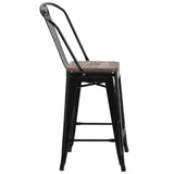 English Elm Commercial Grade 24" High Metal Counter Height Stool with Back and Wood Seat