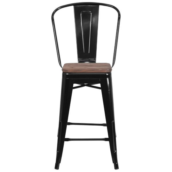 English Elm Commercial Grade 24" High Metal Counter Height Stool with Back and Wood Seat