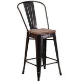 English Elm Commercial Grade 24" High Metal Counter Height Stool with Back and Wood Seat