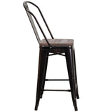 English Elm Commercial Grade 24" High Metal Counter Height Stool with Back and Wood Seat