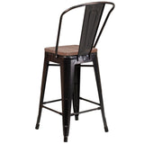 English Elm Commercial Grade 24" High Metal Counter Height Stool with Back and Wood Seat