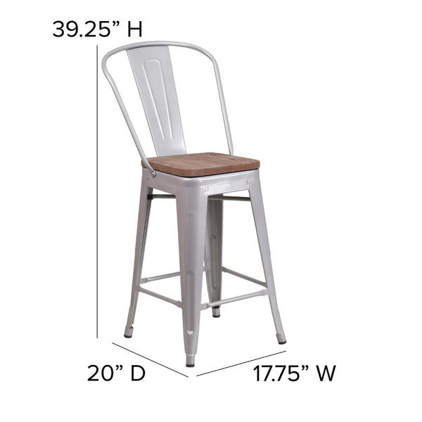 English Elm Commercial Grade 24" High Metal Counter Height Stool with Back and Wood Seat