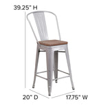 English Elm Commercial Grade 24" High Metal Counter Height Stool with Back and Wood Seat