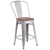 English Elm Commercial Grade 24" High Metal Counter Height Stool with Back and Wood Seat