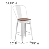 English Elm Commercial Grade 24" High Metal Counter Height Stool with Back and Wood Seat