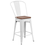 English Elm Commercial Grade 24" High Metal Counter Height Stool with Back and Wood Seat