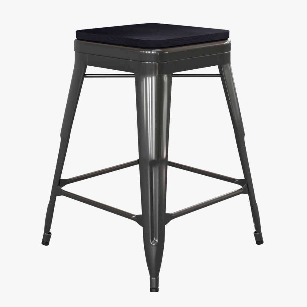 English Elm Commercial Grade Commercial Grade 24" High Backless Metal Indoor-Outdoor Counter Height Stool with Poly Resin Wood Seat