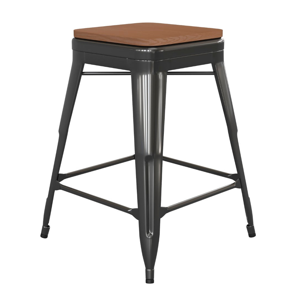 English Elm Commercial Grade Commercial Grade 24" High Backless Metal Indoor-Outdoor Counter Height Stool with Teak Poly Resin Wood Seat