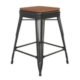 English Elm Commercial Grade Commercial Grade 24" High Backless Metal Indoor-Outdoor Counter Height Stool with Teak Poly Resin Wood Seat