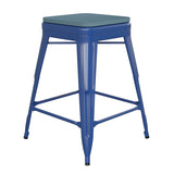 English Elm Commercial Grade Commercial Grade 24" High Backless Metal Indoor-Outdoor Counter Height Stool with Teal- Poly Resin Wood Seat