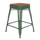 English Elm Commercial Grade Commercial Grade 24" High Backless Metal Indoor-Outdoor Counter Height Stool with Teak Poly Resin Wood Seat