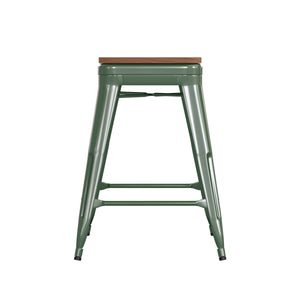 English Elm Commercial Grade Commercial Grade 24" High Backless Metal Indoor-Outdoor Counter Height Stool with Teak Poly Resin Wood Seat