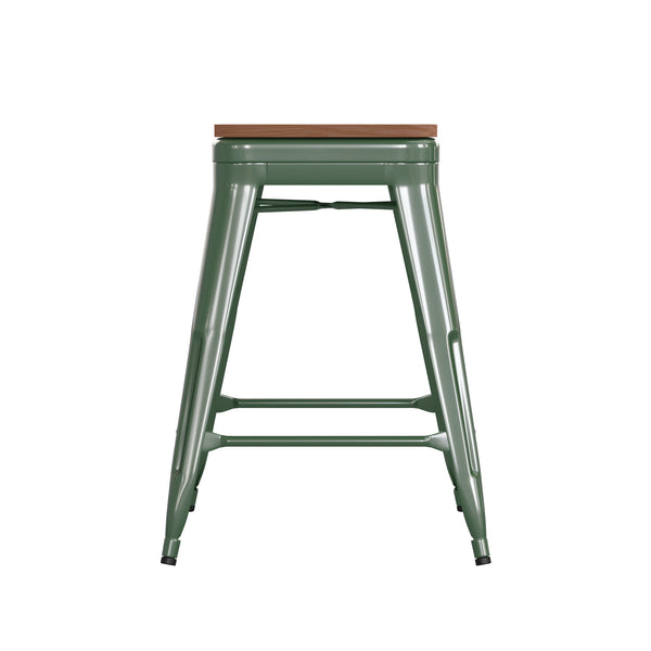 English Elm Commercial Grade Commercial Grade 24" High Backless Metal Indoor-Outdoor Counter Height Stool with Teak Poly Resin Wood Seat