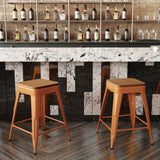 English Elm Commercial Grade Commercial Grade 24" High Backless Metal Indoor-Outdoor Counter Height Stool with Teak Poly Resin Wood Seat