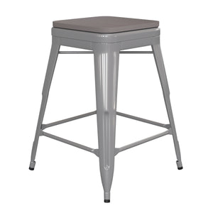 English Elm Commercial Grade Commercial Grade 24" High Backless Silver Metal Indoor-Outdoor Counter Height Stool with Poly Resin Wood Seat