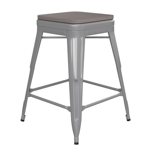 English Elm Commercial Grade Commercial Grade 24" High Backless Silver Metal Indoor-Outdoor Counter Height Stool with Poly Resin Wood Seat