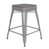 English Elm Commercial Grade Commercial Grade 24" High Backless Silver Metal Indoor-Outdoor Counter Height Stool with Poly Resin Wood Seat