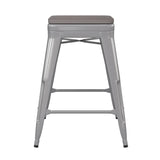 English Elm Commercial Grade Commercial Grade 24" High Backless Silver Metal Indoor-Outdoor Counter Height Stool with Poly Resin Wood Seat