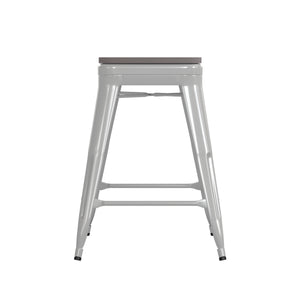 English Elm Commercial Grade Commercial Grade 24" High Backless Metal Indoor-Outdoor Counter Height Stool with Gray Poly Resin Wood Seat