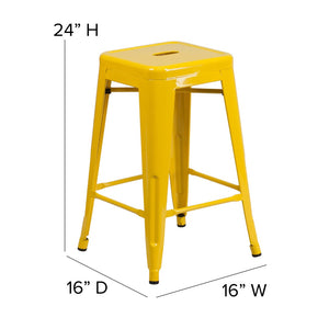 English Elm Commercial Grade Commercial Grade 24" High Backless Metal Indoor-Outdoor Counter Height Stool with Teak Poly Resin Wood Seat