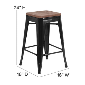 English Elm Commercial Grade 24" High Backless Metal Counter Height Stool with Square Wood Seat