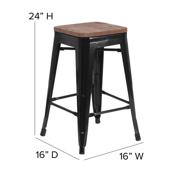 English Elm Commercial Grade 24" High Backless Metal Counter Height Stool with Square Wood Seat