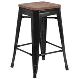 English Elm Commercial Grade 24" High Backless Metal Counter Height Stool with Square Wood Seat