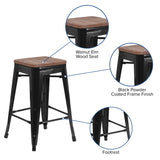 English Elm Commercial Grade 24" High Backless Metal Counter Height Stool with Square Wood Seat