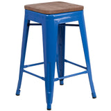 English Elm Commercial Grade 24" High Backless Metal Counter Height Stool with Square Wood Seat