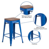 English Elm Commercial Grade 24" High Backless Metal Counter Height Stool with Square Wood Seat