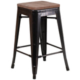 English Elm Commercial Grade 24" High Backless Metal Counter Height Stool with Square Wood Seat