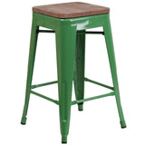 English Elm Commercial Grade 24" High Backless Metal Counter Height Stool with Square Wood Seat