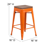 English Elm Commercial Grade 24" High Backless Metal Counter Height Stool with Square Wood Seat