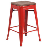 English Elm Commercial Grade 24" High Backless Metal Counter Height Stool with Square Wood Seat