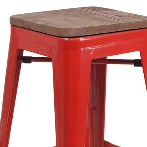 English Elm Commercial Grade 24" High Backless Metal Counter Height Stool with Square Wood Seat