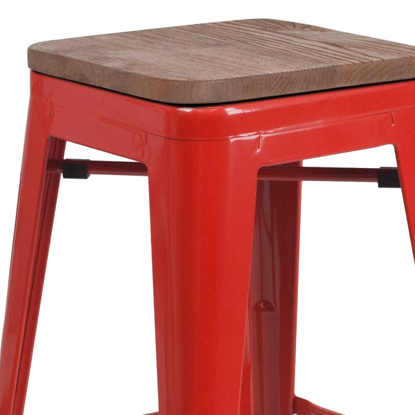 English Elm Commercial Grade 24" High Backless Metal Counter Height Stool with Square Wood Seat