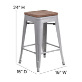 English Elm Commercial Grade 24" High Backless Metal Counter Height Stool with Square Wood Seat