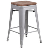 English Elm Commercial Grade 24" High Backless Metal Counter Height Stool with Square Wood Seat