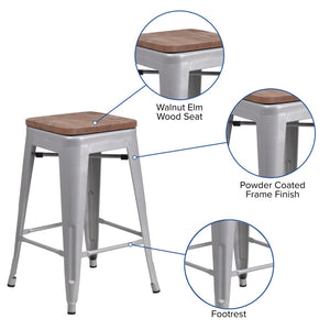 English Elm Commercial Grade 24" High Backless Metal Counter Height Stool with Square Wood Seat