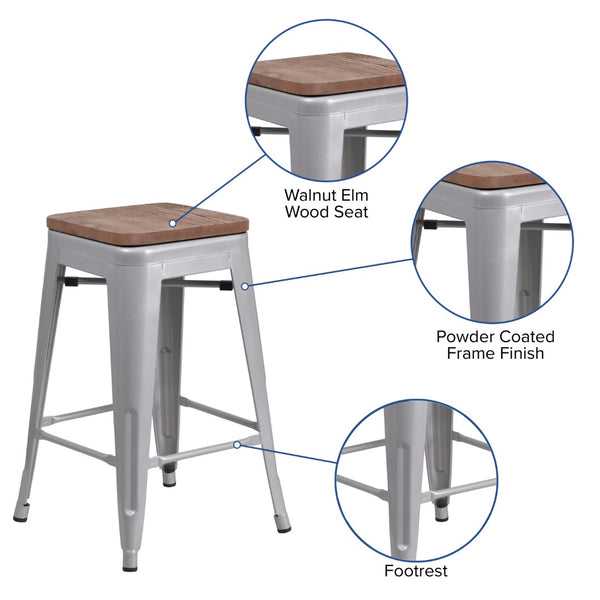 English Elm Commercial Grade 24" High Backless Metal Counter Height Stool with Square Wood Seat