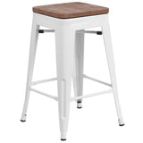 English Elm Commercial Grade 24" High Backless Metal Counter Height Stool with Square Wood Seat