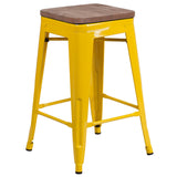 English Elm Commercial Grade 24" High Backless Metal Counter Height Stool with Square Wood Seat