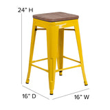 English Elm Commercial Grade 24" High Backless Metal Counter Height Stool with Square Wood Seat