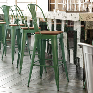 English Elm Commercial Grade Commercial Grade 30" High Metal Indoor-Outdoor Bar Height Stool with Removable Back and Teak All-Weather Poly Resin Seat