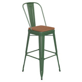 English Elm Commercial Grade Commercial Grade 30" High Metal Indoor-Outdoor Bar Height Stool with Removable Back and Teak All-Weather Poly Resin Seat